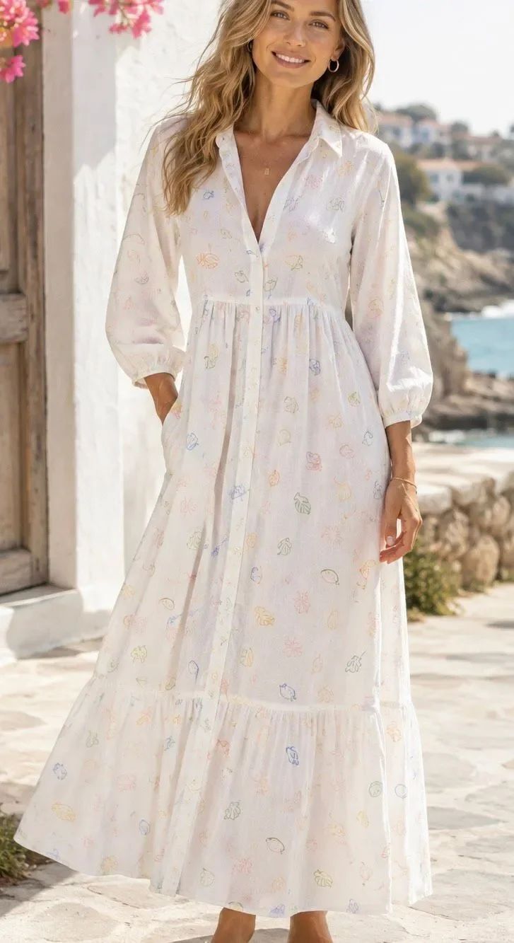 C&C California Linen Blend Tropical Print Maxi Shirtdress Size Small Dress